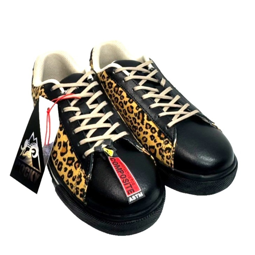 Rocky SR Casuals Women 7.5 Black Leopard Print Composite Toe Work Shoes Comfy